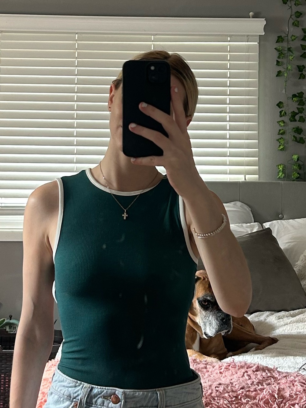 wild fable Dark Green Ribbed Tank with White Trim